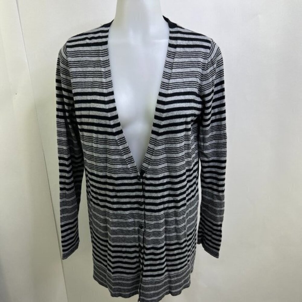 Soma Sweater M Cardigan Black Gray Striped Button Cotton Basic‎ Long Sleeve